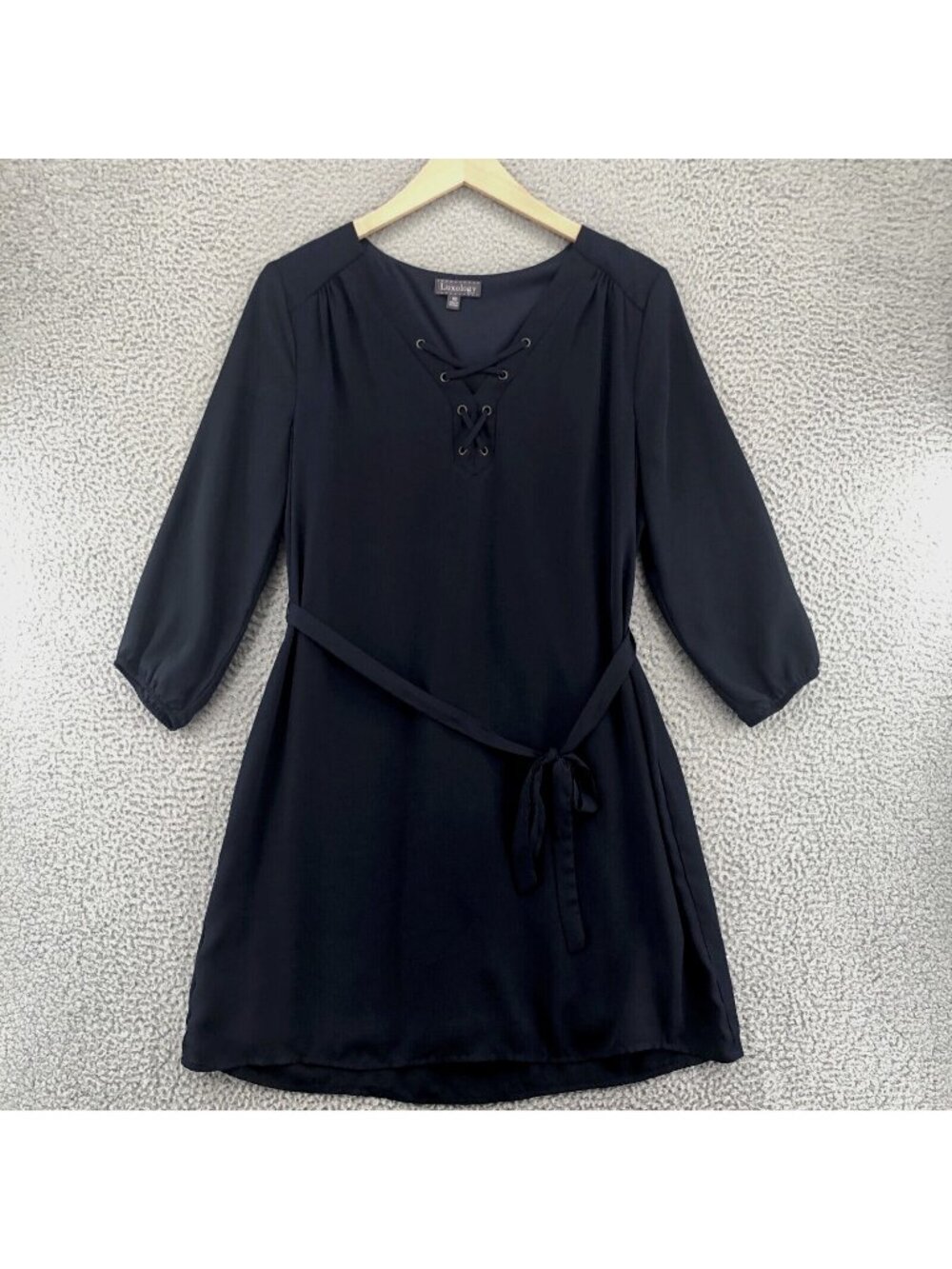 Luxology Dress Womens 10 Navy Shift Belted Lace Up V Neck 3/4 Balloon Sleeves